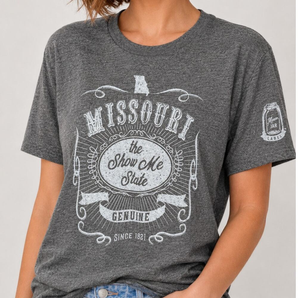 Mason Jar Label Missouri Graphic TShirt Medium Gray Souvenir Travel Cotton Blend